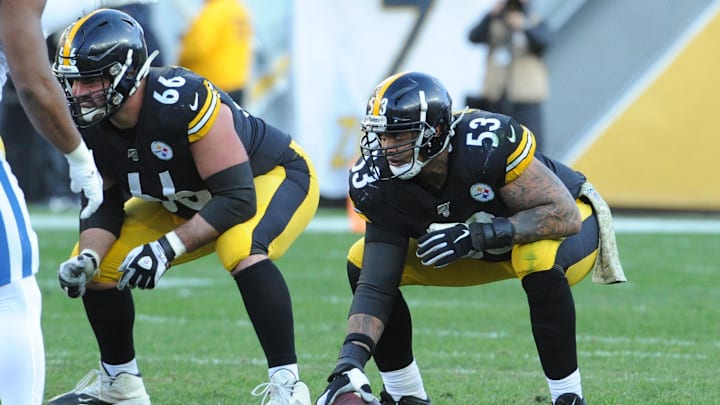 Nov 3, 2019; Pittsburgh, PA, USA; Pittsburgh Steelers center Maurkice Pouncey (53) gets ready to snap the ball by guard David DeCastro (66) as they play the Indianapolis Colts during the fourth quarter at Heinz Field. The Steelers won 26-24. Mandatory Credit: Philip G. Pavely-Imagn Images