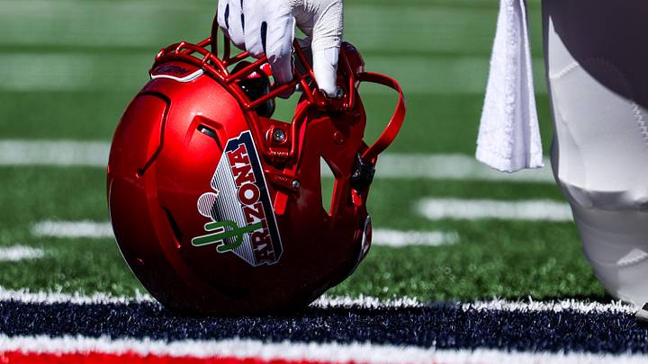 Oct 4, 2025; Tucson, Arizona, USA; The helmet of an Arizona Wildcats player is seen in the end zone before the ga,e against the Oklahoma State Cowboys at Arizona Stadium. Mandatory Credit: Aryanna Frank-Imagn Images