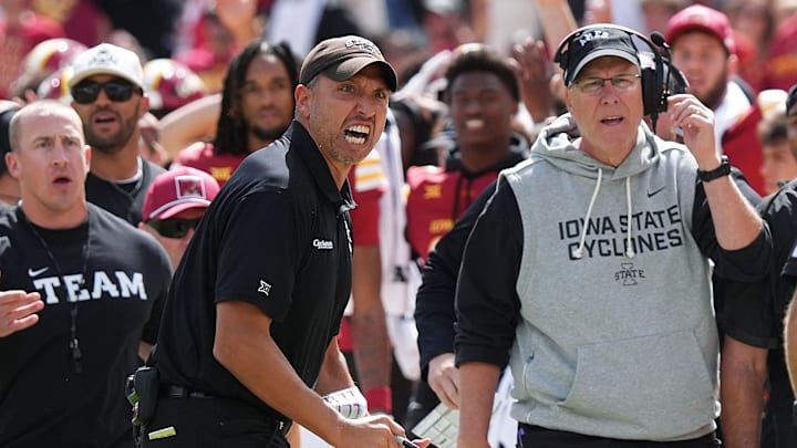 Iowa State Cyclones head coach Matt Campbell and defensive coordinator Jon Heacock reacts during the fourth quarter against Iowa in the Cy-Hawk football at Jack Trice Stadium on Sept. 6, 2025, in Ames, Iowa Iowa State Cyclones head coach Matt Campbell and defensive coordinator Jon Heacock reacts during the fourth quarter against Iowa in the Cy-Hawk football at Jack Trice Stadium on Sept. 6, 2025, in Ames, Iowa