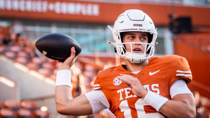 Sep 21, 2024; Austin, Texas, USA; Texas Longhorns quarterback Arch Manning (16) warms up ahead of the Texas Longhorns' game against the ULM Warhawks at Darrell K Royal Texas Memorial Stadium. Mandatory Credit: Sara Diggins-Imagn Images Sep 21, 2024; Austin, Texas, USA; Texas Longhorns quarterback Arch Manning (16) warms up ahead of the Texas Longhorns' game against the ULM Warhawks at Darrell K Royal Texas Memorial Stadium. Mandatory Credit: Sara Diggins-Imagn Images