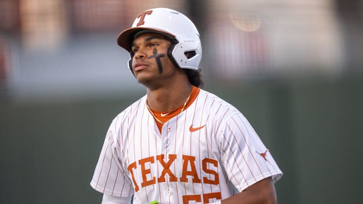 Texas outfielder Jonah Williams (55) stands on first base during the Longhorns' game against Louisville at UFCU Disch-Falk Field in Austin Tuesday, May 6, 2025.