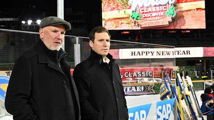 (L-R) General Manager Doug Armstrong of the St. Louis Blues and former St. Louis Blues player Alex Steen attend practice prior to the Discover NHL Winter Classic between the St. Louis Blues and the Chicago Blackhawks at Wrigley Field on December 30, 2024 in Chicago, Illinois. (Photo by Jamie Sabau/NHLI via Getty Images)