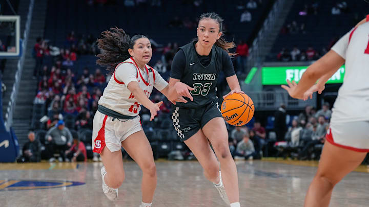 Sacred Heart Cathedral's Maddie Eade dribbles hard toward the basket against St. Ignatius 1-14-2025 at the Chase Center. Eade scored a team-high 15 points and grabbed eight rebounds. Both teams are in the CCS Open Division playoffs which get underway Friday.