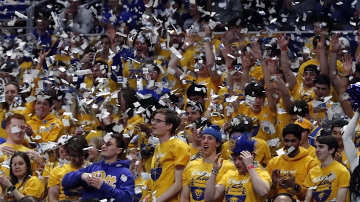 Feb 14, 2023; Pittsburgh, Pennsylvania, USA;  The Pittsburgh Panthers student section reacts to the first  Panthers basket against the Boston College Eagles during the first half at the Petersen Events Center. Mandatory Credit: Charles LeClaire-Imagn Images