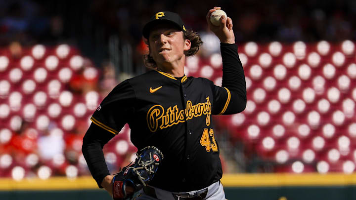 Sep 21, 2024; Cincinnati, Ohio, USA; Pittsburgh Pirates relief pitcher Ryan Borucki (43) pitches against the Cincinnati Reds in the eighth inning at Great American Ball Park. Mandatory Credit: Katie Stratman-Imagn Images