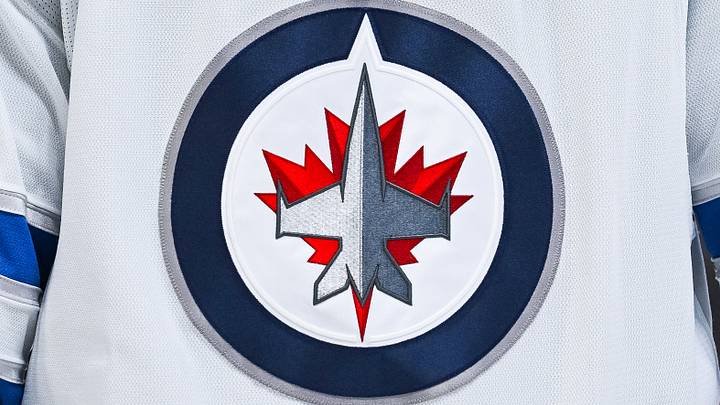 Dec 3, 2025; Montreal, Quebec, CAN; View of a Winnipeg Jets logo on a jersey worn by a member of the team during the first period at Bell Centre. Mandatory Credit: David Kirouac-Imagn Images