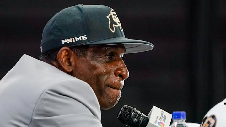 Jul 9, 2025; Frisco, TX, USA; Colorado head coach Deion Sanders speaks with the media during 2025 Big 12 Football Media Days at The Star. Mandatory Credit: Raymond Carlin III-Imagn Images