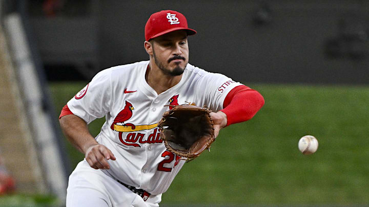 Sep 16, 2024; St. Louis, Missouri, USA; St. Louis Cardinals third baseman Nolan Arenado (28) fields a ground ball against the Pittsburgh Pirates during the first inning at Busch Stadium. Mandatory Credit: Jeff Curry-Imagn Images Sep 16, 2024; St. Louis, Missouri, USA; St. Louis Cardinals third baseman Nolan Arenado (28) fields a ground ball against the Pittsburgh Pirates during the first inning at Busch Stadium. Mandatory Credit: Jeff Curry-Imagn Images