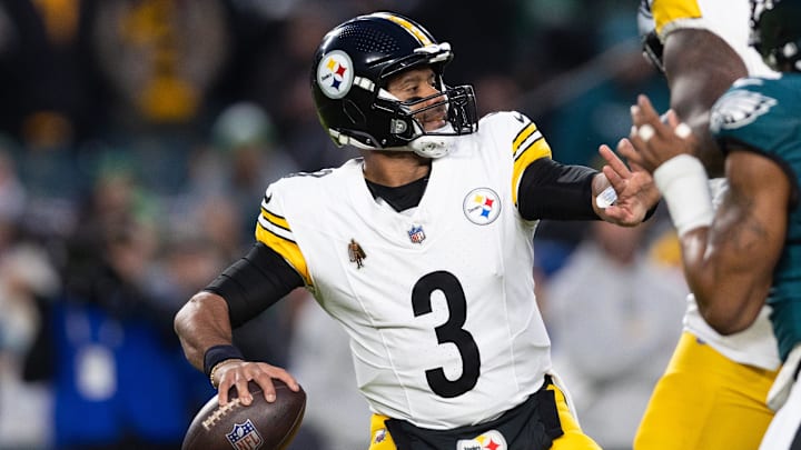Dec 15, 2024; Philadelphia, Pennsylvania, USA; Pittsburgh Steelers quarterback Russell Wilson (3) throws the ball against the Philadelphia Eagles during the first quarter at Lincoln Financial Field. Mandatory Credit: Bill Streicher-Imagn Images