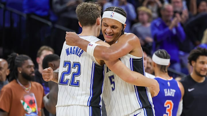 Dec 29, 2023; Orlando, Florida, USA; Orlando Magic forward Franz Wagner (22) and forward Paolo