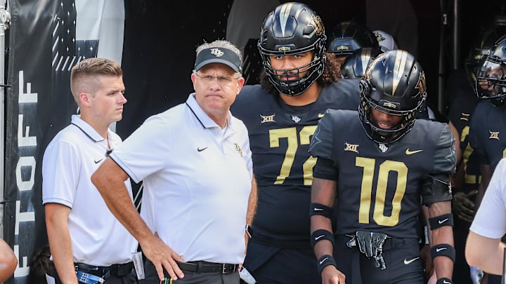 Sep 30, 2023; Orlando, Florida, USA; UCF Knights head coach Gus Malzahn waits to enter the stadium before the game against the Baylor Bears at FBC Mortgage Stadium. Mandatory Credit: Mike Watters-USA TODAY Sports