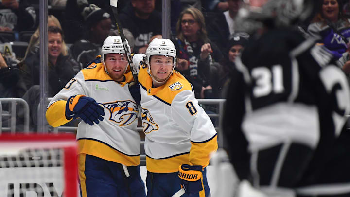 Feb 22, 2024; Los Angeles, California, USA;  Nashville Predators center Yakov Trenin (13) celebrates
