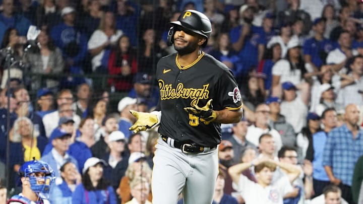 Sep 21, 2023; Chicago, Illinois, USA; Pittsburgh Pirates pinch-hitter Joshua Palacios (54) gestures after hitting a three-run home run against the Chicago Cubs during the ninth inning at Wrigley Field. Mandatory Credit: David Banks-Imagn Images