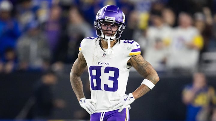 Jan 13, 2025; Glendale, AZ, USA; Minnesota Vikings wide receiver Jalen Nailor (83) against the Los Angeles Rams during an NFC wild card game at State Farm Stadium. Jan 13, 2025; Glendale, AZ, USA; Minnesota Vikings wide receiver Jalen Nailor (83) against the Los Angeles Rams during an NFC wild card game at State Farm Stadium.