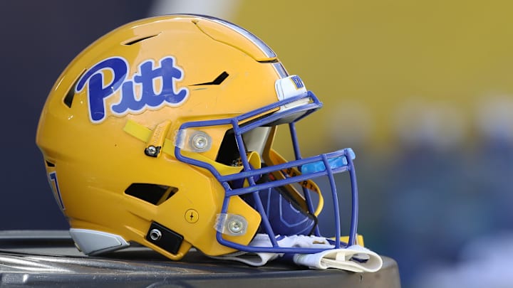 Sep 25, 2021; Pittsburgh, Pennsylvania, USA;  A Pittsburgh Panthers helmet sits on the sidelines against the New Hampshire Wildcats during the fourth quarter at Heinz Field. Mandatory Credit: Charles LeClaire-Imagn Images
