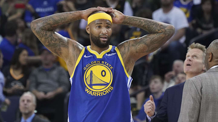 March 31, 2019; Oakland, CA, USA; Golden State Warriors center DeMarcus Cousins (0) reacts after being ejected on a flagrant two foul during the second quarter against the Charlotte Hornets at Oracle Arena. Mandatory Credit: Kyle Terada-Imagn Images
