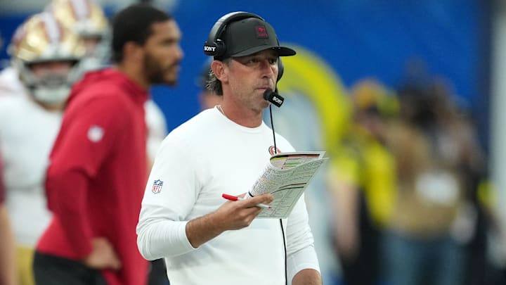 Oct 2, 2025; Inglewood, California, USA; San Francisco 49ers head coach Kyle Shanahan during the second half at SoFi Stadium. Mandatory Credit: Kirby Lee-Imagn Images