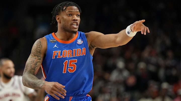 Apr 5, 2025; San Antonio, TX, USA; Florida Gators guard Alijah Martin (15) reacts after a play against the Auburn Tigers during the first half in the semifinals of the men's Final Four of the 2025 NCAA Tournament at the Alamodome. Mandatory Credit: Bob Donnan-Imagn Images Apr 5, 2025; San Antonio, TX, USA; Florida Gators guard Alijah Martin (15) reacts after a play against the Auburn Tigers during the first half in the semifinals of the men's Final Four of the 2025 NCAA Tournament at the Alamodome. Mandatory Credit: Bob Donnan-Imagn Images