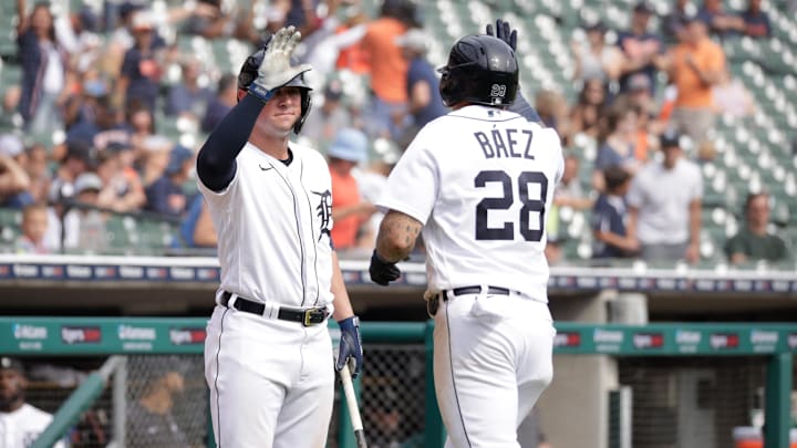 Sep 18, 2022; Detroit, Michigan, USA; Detroit Tigers designated hitter Javier Baez (28) high-fives Spencer Torkelson. 