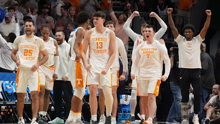 March 23, 2024, Charlotte, NC, USA; Tennessee Volunteers players celebrate in the second half