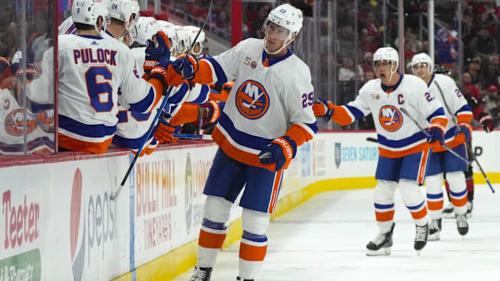 Oct 28, 2022; Raleigh, North Carolina, USA; New York Islanders center Brock Nelson (29) celebrates Oct 28, 2022; Raleigh, North Carolina, USA; New York Islanders center Brock Nelson (29) celebrates