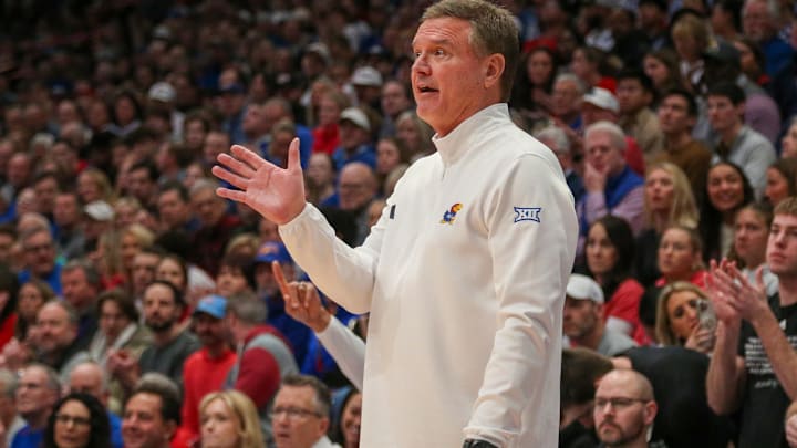 Jan 18, 2025; Lawrence, Kansas, USA; Kansas Jayhawks head coach Bill Self yells at his team during the first half against the Kansas State Wildcats at Allen Fieldhouse. Mandatory Credit: Scott Sewell-Imagn Images