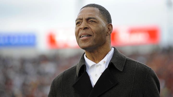 January 2, 2017; Pasadena, CA, USA; Former Southern California Trojans player Marcus Allen in attendance watches game action against the Penn State Nittany Lions during the first half of the 2017 Rose Bowl game at the Rose Bowl. Mandatory Credit: Gary A. Vasquez-Imagn Images