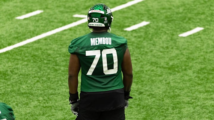 May 9, 2025; Florham Park, NJ, USA; New York Jets rookie offensive tackle Armand Membou (70) participates in a drill during the minicamp at Atlantic Health Jets Training Center. Mandatory Credit: Thomas Salus-Imagn Images