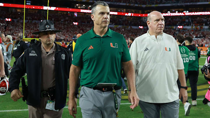 Jan 19, 2026; Miami Gardens, FL, USA; Miami Hurricanes head coach Mario Cristobal reacts after the College Football Playoff National Championship game at Hard Rock Stadium. Mandatory Credit: Mark J. Rebilas-Imagn Images