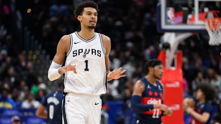Feb 10, 2025; Washington, District of Columbia, USA; San Antonio Spurs center Victor Wembanyama (1) reacts after making a three point field goal