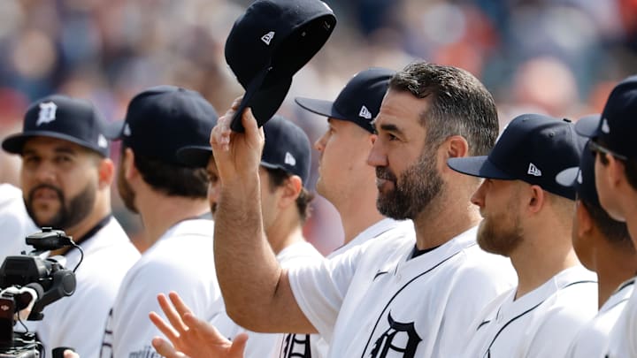 Apr 3, 2026; Detroit, Michigan, USA; Detroit Tigers pitcher Justin Verlander (35) during player introductions before the game against the St. Louis Cardinals at Comerica Park. Mandatory Credit: Rick Osentoski-Imagn Images Apr 3, 2026; Detroit, Michigan, USA; Detroit Tigers pitcher Justin Verlander (35) during player introductions before the game against the St. Louis Cardinals at Comerica Park. Mandatory Credit: Rick Osentoski-Imagn Images