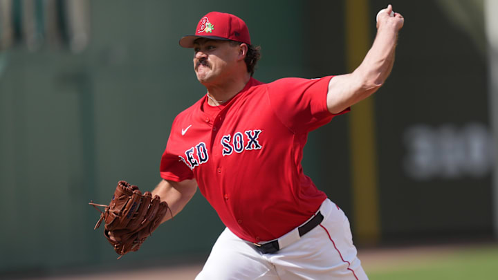 Mar 4, 2026; Fort Myers, Florida, USA;  Boston Red Sox pitcher Payton Tolle (70) pitches against the New York Yankees in the sixth inning at JetBlue Park at Fenway South.