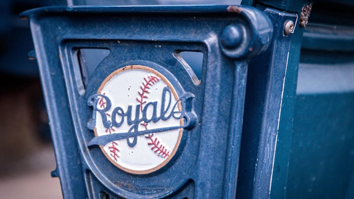 Apr 16, 2023; Kansas City, Missouri, USA; Logo on stadium seats prior to the game between the Kansas City Royals and the Atlanta Braves at Kauffman Stadium. Mandatory Credit: William Purnell-Imagn Images