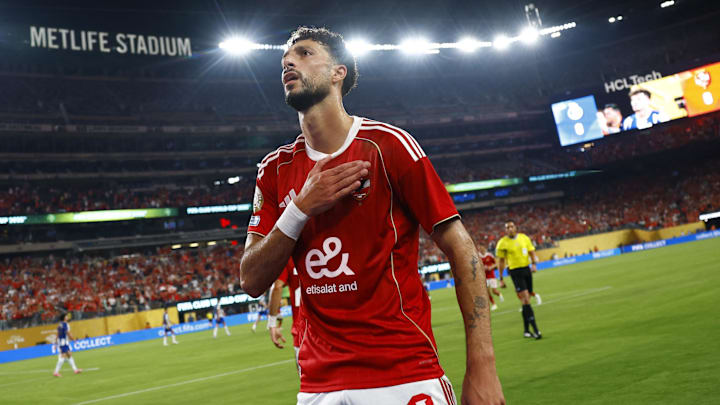 [Subscription Customers Only] Jun 23, 2025; East Rutherford, New Jersey, USA; Al Ahly's Wessam Abou Ali celebrates scoring their first goal during a group stage match of the 2025 FIFA Club World Cup at MetLife Stadium. Mandatory Credit: Susana Vera-Reuters via Imagn Images