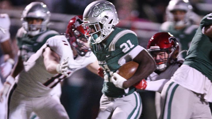 De La Salle senior RB Dominic Kelley with some tough rushing yards Oct. 25 against Monte Vista in a 42-7 win. On Friday he rushed seven times for 120 yards and two touchdowns during a 48-10 win over California. 