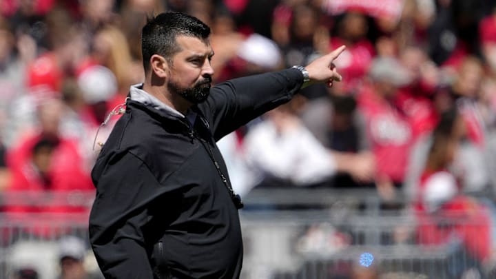 April 13, 2024; Columbus, Ohio, USA; 
Ohio State head football coach Ryan Day speaks to players