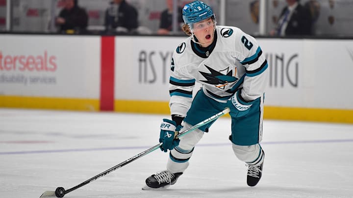 Apr 1, 2025; Anaheim, California, USA; San Jose Sharks center Will Smith (2) controls the puck against the Anaheim Ducks during the first period at Honda Center. Mandatory Credit: Gary A. Vasquez-Imagn Images