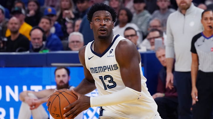 Jan 4, 2025; San Francisco, California, USA;  Memphis Grizzlies forward/center Jaren Jackson Jr. (13) drives to the basket during a game against the Golden State Warriors in the fourth quarter at Chase Center. Mandatory Credit: David Gonzales-Imagn Images