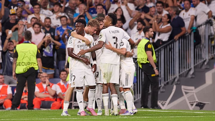 Real Madrid CF players celebrate a goal during the UEFA... Real Madrid CF players celebrate a goal during the UEFA...