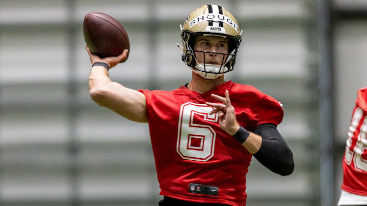 May 10, 2025; New Orleans, LA, USA;  New Orleans Saints quarterback Tyler Shough (6) during rookie minicamp at Ochsner Sports Performance Center. Mandatory Credit: Stephen Lew-Imagn Images