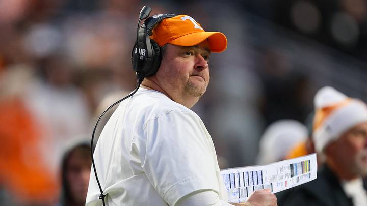 Nov 29, 2025; Knoxville, Tennessee, USA;  Tennessee Volunteers head coach Josh Heupel during the first half against the Vanderbilt Commodores at Neyland Stadium. Mandatory Credit: Randy Sartin-Imagn Images