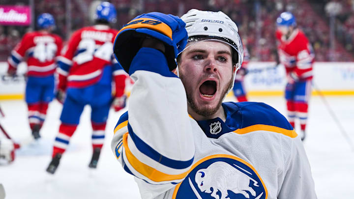 May 16, 2026; Montreal, Quebec, CAN; Buffalo Sabres left wing Zach Benson (6) reacts after scoring a goal against the Montreal Canadiens during the second period in game six of the second round of the 2026 Stanley Cup Playoffs at Bell Centre. Mandatory Credit: David Kirouac-Imagn Images