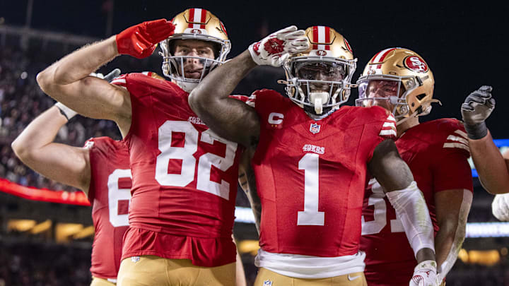 December 30, 2024; Santa Clara, California, USA; San Francisco 49ers wide receiver Deebo Samuel Sr. (1) celebrates scoring a touchdown against the Detroit Lions during the third quarter at Levi's Stadium. Mandatory Credit: Kyle Terada-Imagn Images