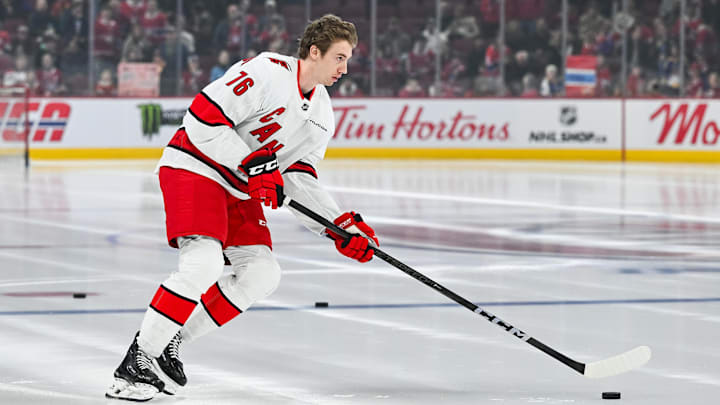 Apr 16, 2025; Montreal, Quebec, CAN; Carolina Hurricanes center Skyler Brind'Amour (76) skates with a puck during his rookie lap in warm-up before the game against the Montreal Canadiens at Bell Centre. Mandatory Credit: David Kirouac-Imagn Images Apr 16, 2025; Montreal, Quebec, CAN; Carolina Hurricanes center Skyler Brind'Amour (76) skates with a puck during his rookie lap in warm-up before the game against the Montreal Canadiens at Bell Centre. Mandatory Credit: David Kirouac-Imagn Images