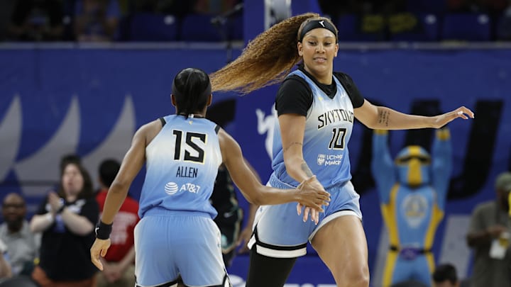 Jul 13, 2024; Chicago, Illinois, USA; Chicago Sky center Kamilla Cardoso (10) celebrates with guard Lindsay Allen (15) after scoring against the New York Liberty during the first half of a WNBA game at Wintrust Arena. Mandatory Credit: Kamil Krzaczynski-Imagn Images