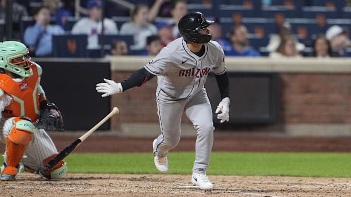 Apr 30, 2025; New York City, New York, USA; Arizona Diamondbacks center fielder Jorge Barrosa (1) hits a sacrifice fly ball against the New York Mets during the ninth inning at Citi Field. Mandatory Credit: Gregory Fisher-Imagn Images Apr 30, 2025; New York City, New York, USA; Arizona Diamondbacks center fielder Jorge Barrosa (1) hits a sacrifice fly ball against the New York Mets during the ninth inning at Citi Field. Mandatory Credit: Gregory Fisher-Imagn Images