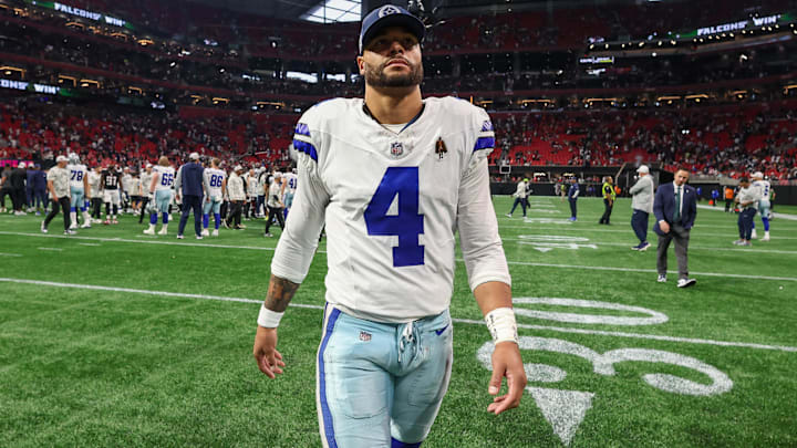 Nov 3, 2024; Atlanta, Georgia, USA; Dallas Cowboys quarterback Dak Prescott (4) walks off the field after a game against the Atlanta Falcons at Mercedes-Benz Stadium. Mandatory Credit: Brett Davis-Imagn Images