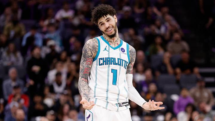 Mar 11, 2026; Sacramento, California, USA; Charlotte Hornets guard LaMelo Ball (1) smiles and gestures after scoring a three point basket against the Sacramento King during the fourth quarter at Golden 1 Center. Mandatory Credit: Kelley L Cox-Imagn Images