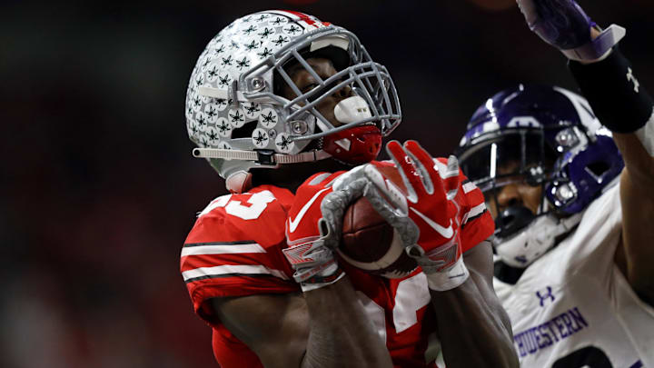 Dec 1, 2018; Indianapolis, IN, USA; Ohio State Buckeyes wide receiver Terry McLaurin (83) catches a pass for a touchdown against Northwestern Wildcats defensive back Greg Newsome II (29) in the first half in the Big Ten conference championship game at Lucas Oil Stadium. Mandatory Credit: Aaron Doster-Imagn Images