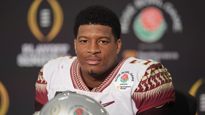 Jan 1, 2015; Pasadena, CA, USA; Florida State Seminoles quarterback Jameis Winston (5) during the post-game press conference after the 2015 Rose Bowl college football game at Rose Bowl. Oregon Ducks defeated Florida State Seminoles 59-20. Mandatory Credit: Kirby Lee-Imagn Images